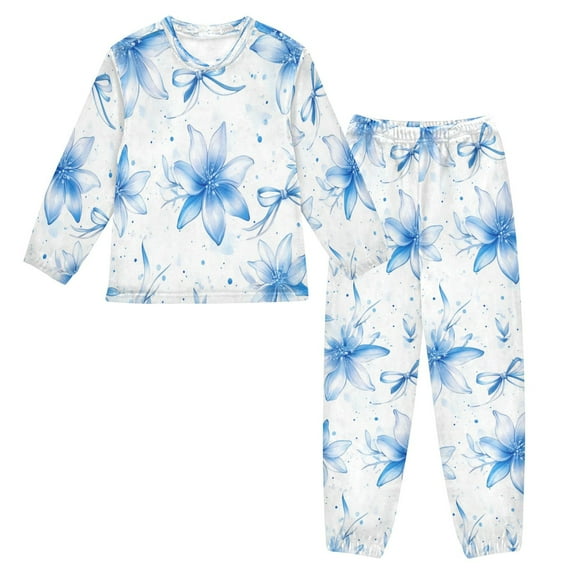 Fluffy Pajamas Set Fuzzy Winter Warm Pj Sets Pullover Tops and Long Pants Blue Pastel Flowers X-Small