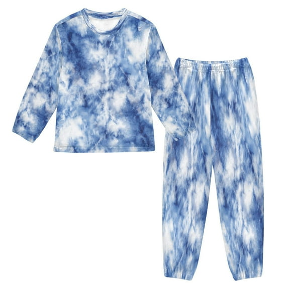 Fluffy Pajamas Set Fuzzy Winter Warm Pj Sets Pullover Tops and Long Pants Blue Tie-dye Pattern Small