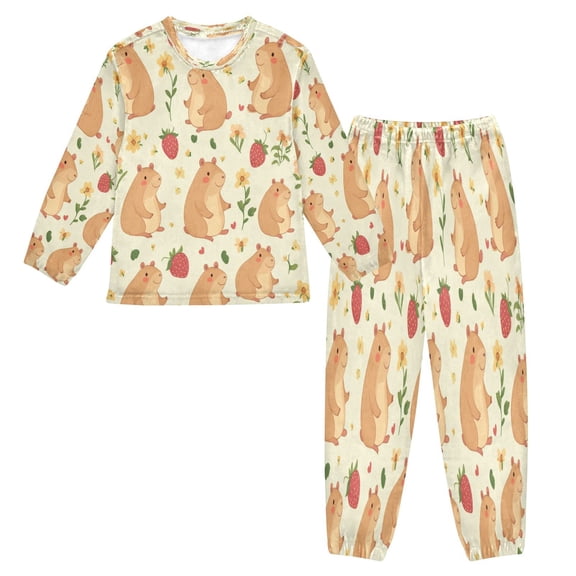 Fluffy Pajamas Set Fuzzy Winter Warm Pj Sets Pullover Tops and Long Pants Capybaras and Strawberries Small