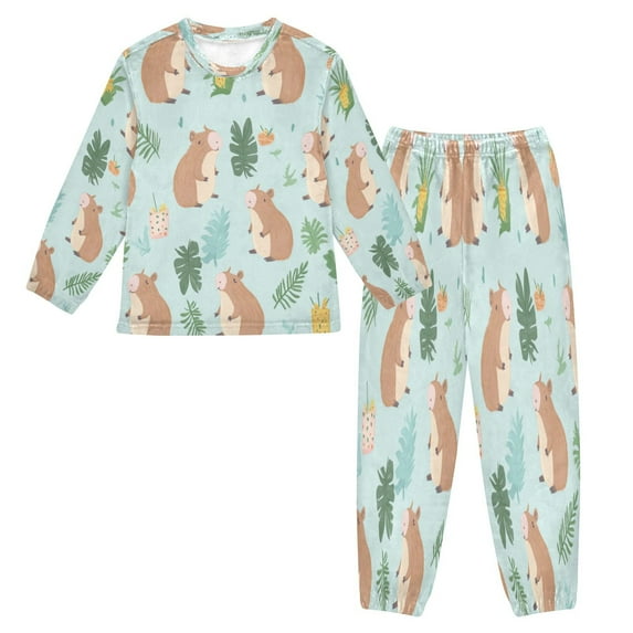 Fluffy Pajamas Set Fuzzy Winter Warm Pj Sets Pullover Tops and Long Pants Capybaras in Playful Poses Medium