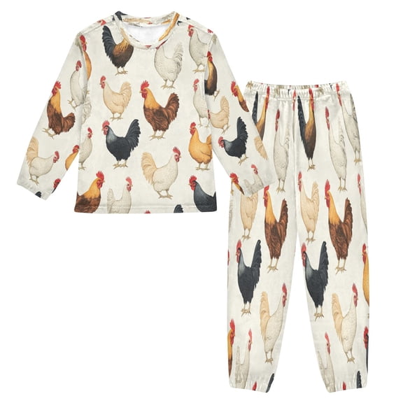 Fluffy Pajamas Set Fuzzy Winter Warm Pj Sets Pullover Tops and Long Pants Chickens Pattern X-Small