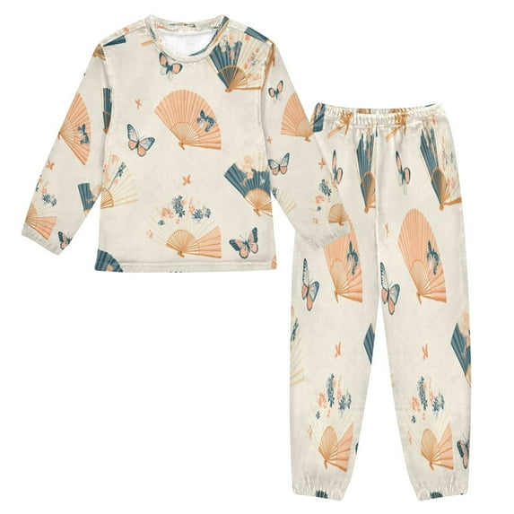 Fluffy Pajamas Set Fuzzy Winter Warm Pj Sets Pullover Tops and Long Pants Chinese Fans Pattern Small