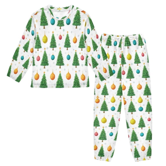 Fluffy Pajamas Set Fuzzy Winter Warm Pj Sets Pullover Tops and Long Pants Christmas Trees and Colorful Balls Small