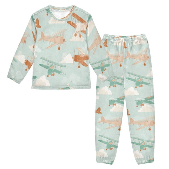 Fluffy Pajamas Set Fuzzy Winter Warm Pj Sets Pullover Tops and Long Pants Cute Airplanes Small