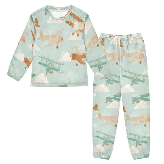 Fluffy Pajamas Set Fuzzy Winter Warm Pj Sets Pullover Tops and Long Pants Cute Airplanes X-Small