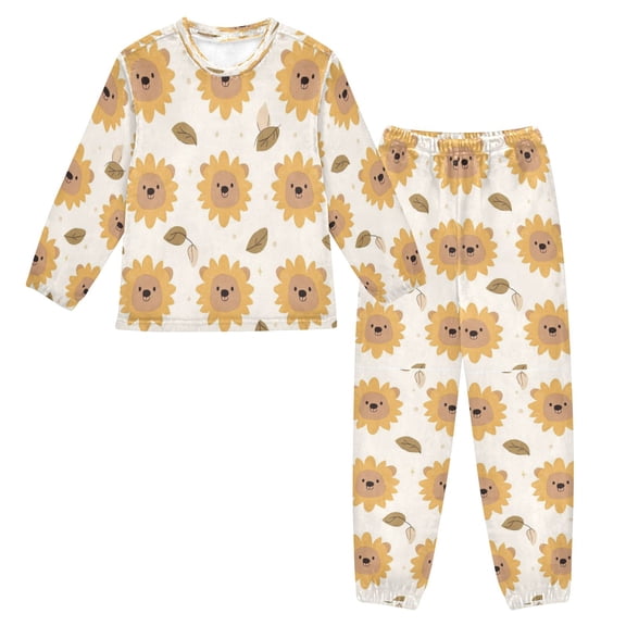 Fluffy Pajamas Set Fuzzy Winter Warm Pj Sets Pullover Tops and Long Pants Cute Bear-face Sunflower X-Small