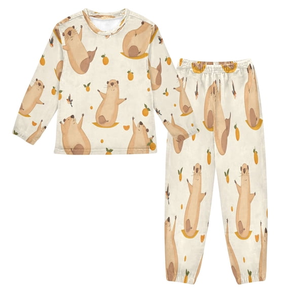 Fluffy Pajamas Set Fuzzy Winter Warm Pj Sets Pullover Tops and Long Pants Cute Capybara Yoga Poses X-Small