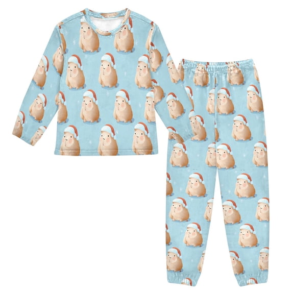 Fluffy Pajamas Set Fuzzy Winter Warm Pj Sets Pullover Tops and Long Pants Cute Capybara with Santa Hat Medium