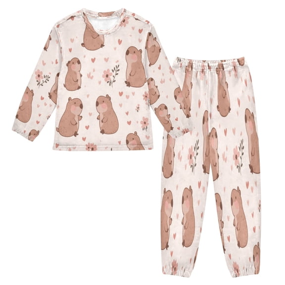 Fluffy Pajamas Set Fuzzy Winter Warm Pj Sets Pullover Tops and Long Pants Cute Capybaras Medium