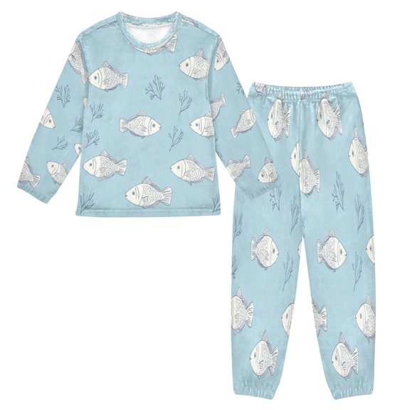 Fluffy Pajamas Set Fuzzy Winter Warm Pj Sets Pullover Tops and Long Pants Cute Fish Pattern X-Large