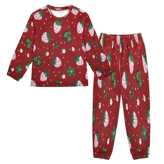 Fluffy Pajamas Set Fuzzy Winter Warm Pj Sets Pullover Tops and Long Pants Cute Pink Strawberry Pattern X-Small