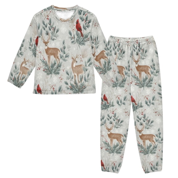 Fluffy Pajamas Set Fuzzy Winter Warm Pj Sets Pullover Tops and Long Pants Deer and Cardinals Pattern Medium