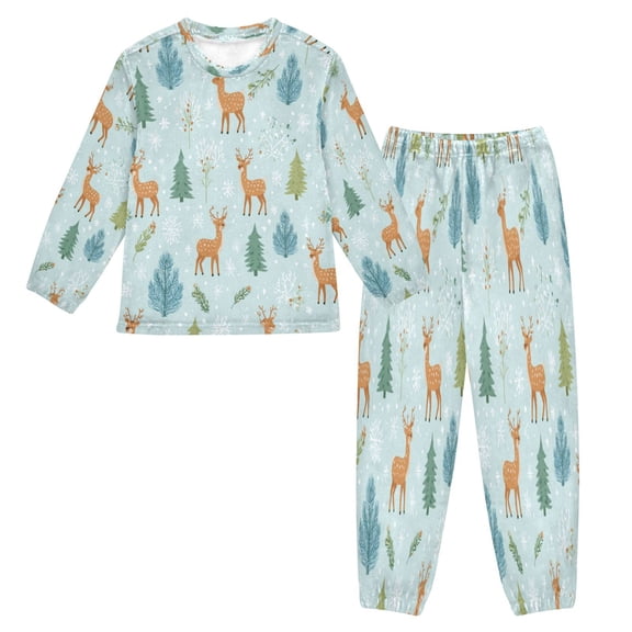 Fluffy Pajamas Set Fuzzy Winter Warm Pj Sets Pullover Tops and Long Pants Deer and Pine Trees Pattern Small