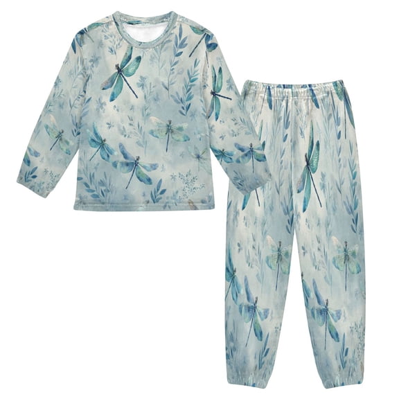 Fluffy Pajamas Set Fuzzy Winter Warm Pj Sets Pullover Tops and Long Pants Delicate Dragonflies Pattern Small