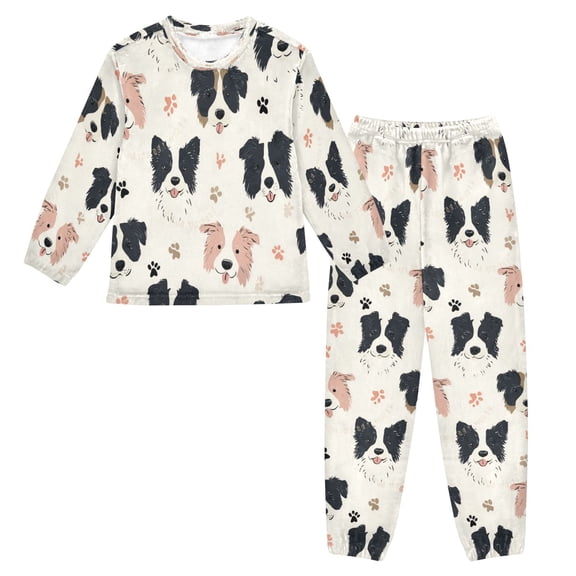 Fluffy Pajamas Set Fuzzy Winter Warm Pj Sets Pullover Tops and Long Pants Dog Head and Paw Prints Medium
