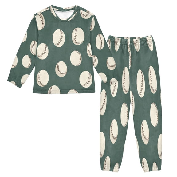 Fluffy Pajamas Set Fuzzy Winter Warm Pj Sets Pullover Tops and Long Pants Green Baseball Pattern Medium