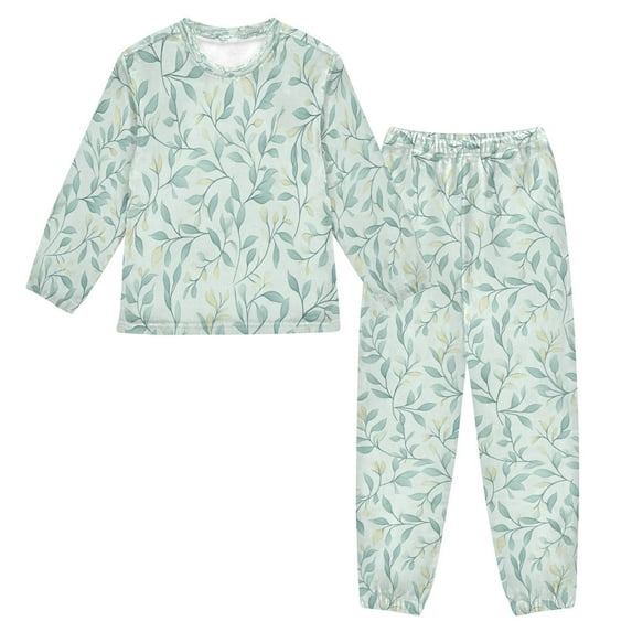 Fluffy Pajamas Set Fuzzy Winter Warm Pj Sets Pullover Tops and Long Pants Green Leaf Pattern Large