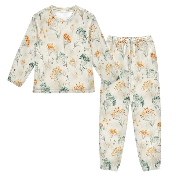 Fluffy Pajamas Set Fuzzy Winter Warm Pj Sets Pullover Tops and Long Pants Green and Orange Small Flowers Small