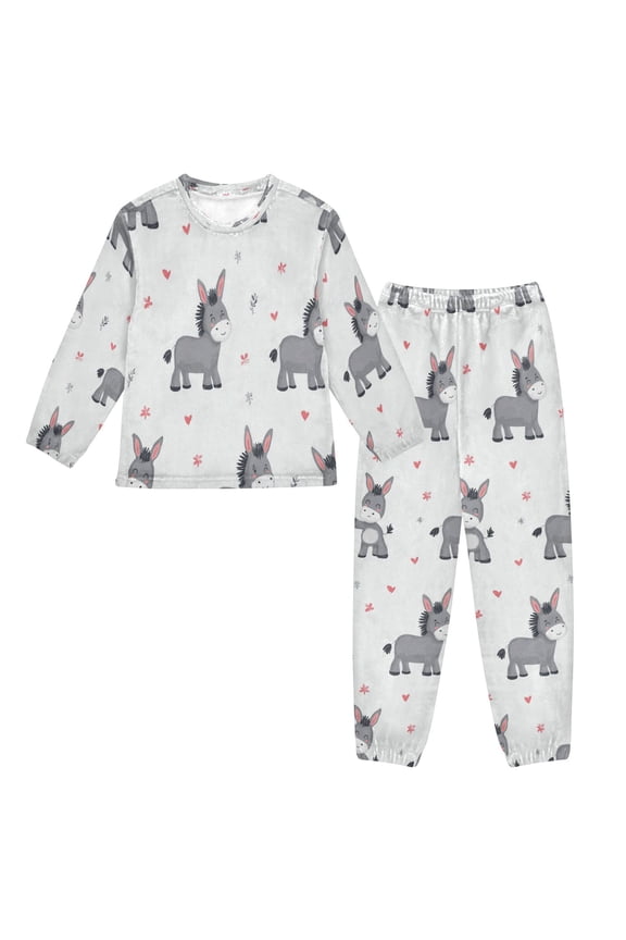 Fluffy Pajamas Set Fuzzy Winter Warm Pj Sets Pullover Tops and Long Pants Grey Cute Donkeys Pattern Large