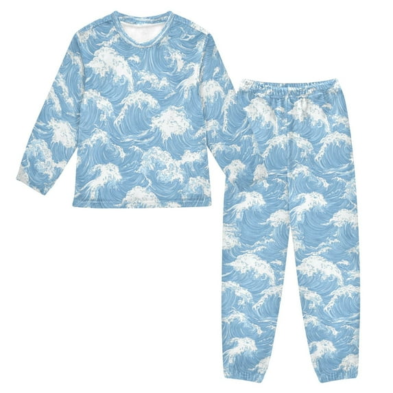 Fluffy Pajamas Set Fuzzy Winter Warm Pj Sets Pullover Tops and Long Pants Light Blue Waves Pattern X-Small
