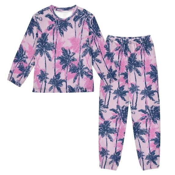 Fluffy Pajamas Set Fuzzy Winter Warm Pj Sets Pullover Tops and Long Pants Navy Blue Palm Tree X-Small