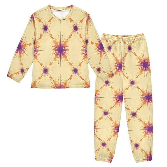 Fluffy Pajamas Set Fuzzy Winter Warm Pj Sets Pullover Tops and Long Pants Orange and Purple Fireworks Pattern X-Small