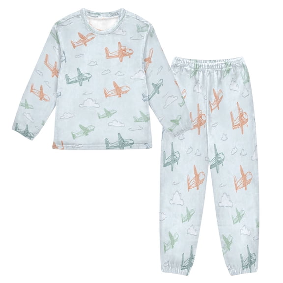 Fluffy Pajamas Set Fuzzy Winter Warm Pj Sets Pullover Tops and Long Pants Pastel Doodle Airplanes X-Large