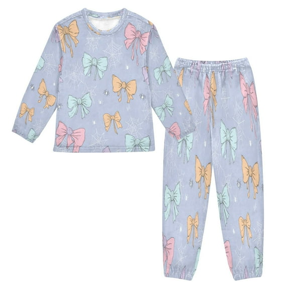 Fluffy Pajamas Set Fuzzy Winter Warm Pj Sets Pullover Tops and Long Pants Pastel-colored Bows and Spider Webs Small