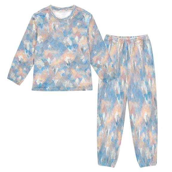 Fluffy Pajamas Set Fuzzy Winter Warm Pj Sets Pullover Tops and Long Pants Peach and Blue Rhombus Large