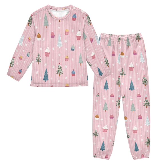 Fluffy Pajamas Set Fuzzy Winter Warm Pj Sets Pullover Tops and Long Pants Pink Christmas Pattern X-Small