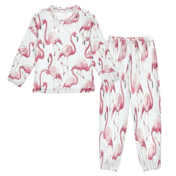 Fluffy Pajamas Set Fuzzy Winter Warm Pj Sets Pullover Tops and Long Pants Pink Flamingos Pattern Large