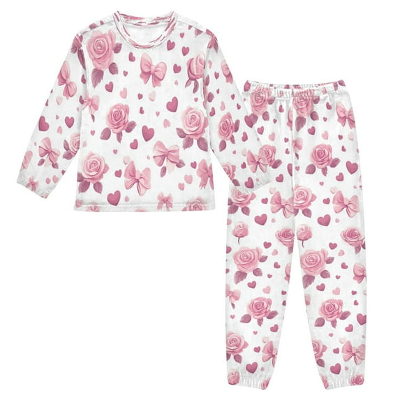 Fluffy Pajamas Set Fuzzy Winter Warm Pj Sets Pullover Tops and Long Pants Pink Roses and Bows Large