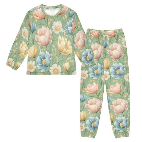 Fluffy Pajamas Set Fuzzy Winter Warm Pj Sets Pullover Tops and Long Pants Pink Tulips and Cosmos X-Small