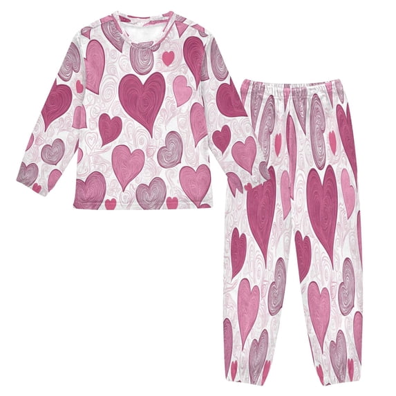 Fluffy Pajamas Set Fuzzy Winter Warm Pj Sets Pullover Tops and Long Pants Pink and Maroon Hearts Medium
