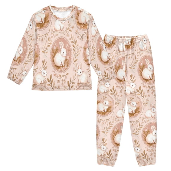 Fluffy Pajamas Set Fuzzy Winter Warm Pj Sets Pullover Tops and Long Pants Pink and Peach Rabbits Large