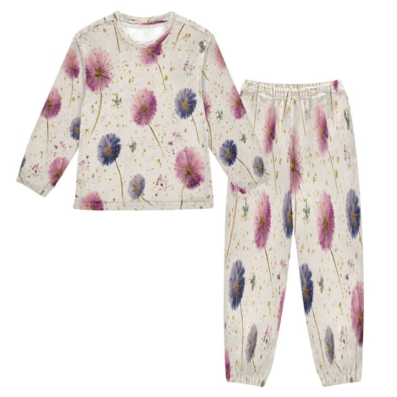 Fluffy Pajamas Set Fuzzy Winter Warm Pj Sets Pullover Tops and Long Pants Pink and Purple Dandelions Large