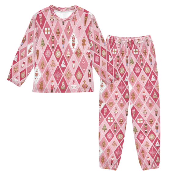 Fluffy Pajamas Set Fuzzy Winter Warm Pj Sets Pullover Tops and Long Pants Pink and White Christmas Motifs Large
