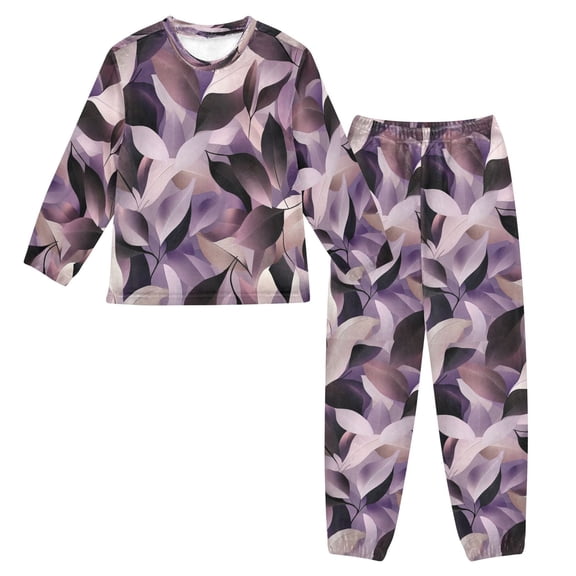Fluffy Pajamas Set Fuzzy Winter Warm Pj Sets Pullover Tops and Long Pants Purple Abstract Leaves Small