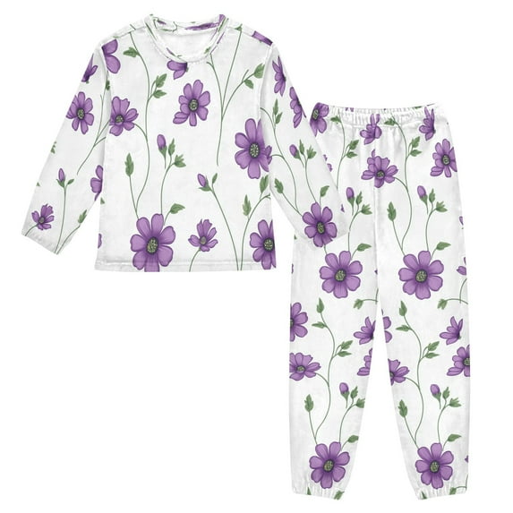 Fluffy Pajamas Set Fuzzy Winter Warm Pj Sets Pullover Tops and Long Pants Purple Flowers X-Small