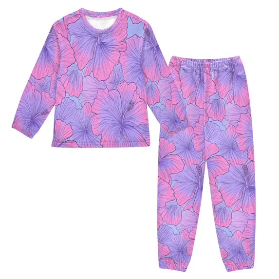 Fluffy Pajamas Set Fuzzy Winter Warm Pj Sets Pullover Tops and Long Pants Purple Hibiscus Flowers Small