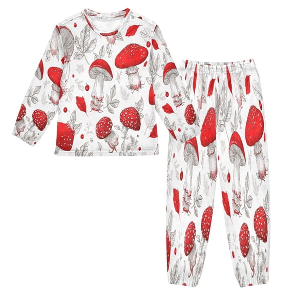 Fluffy Pajamas Set Fuzzy Winter Warm Pj Sets Pullover Tops and Long Pants Red Mushrooms Pattern Small