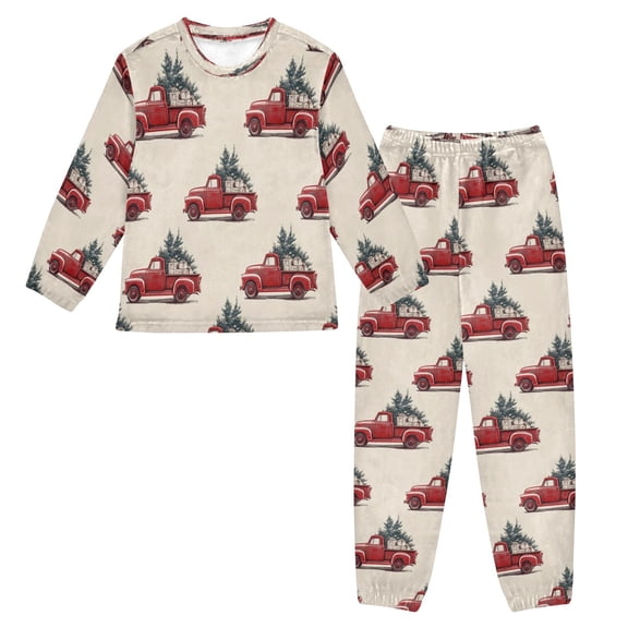 Fluffy Pajamas Set Fuzzy Winter Warm Pj Sets Pullover Tops and Long Pants Red Truck with Presents Large