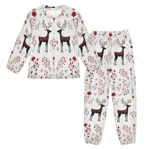 Fluffy Pajamas Set Fuzzy Winter Warm Pj Sets Pullover Tops and Long Pants Reindeer Pattern Medium