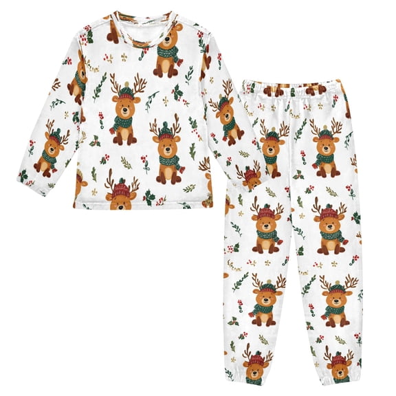 Fluffy Pajamas Set Fuzzy Winter Warm Pj Sets Pullover Tops and Long Pants Reindeer with Scarf Pattern Small