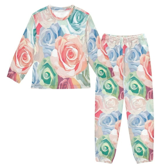 Fluffy Pajamas Set Fuzzy Winter Warm Pj Sets Pullover Tops and Long Pants Roses Pattern X-Large
