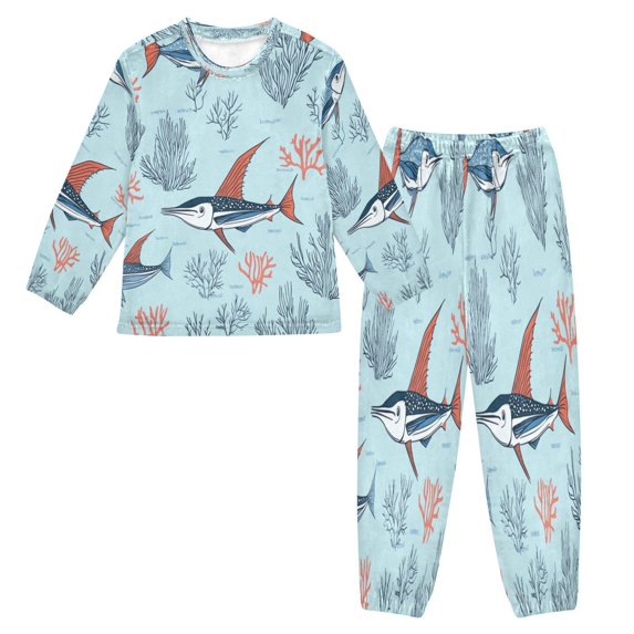 Fluffy Pajamas Set Fuzzy Winter Warm Pj Sets Pullover Tops and Long Pants Sailfish and Coral Reef Pattern X-Small