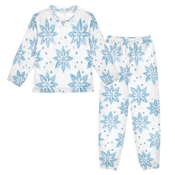 Fluffy Pajamas Set Fuzzy Winter Warm Pj Sets Pullover Tops and Long Pants Snowflake-like Flowers Pattern Medium