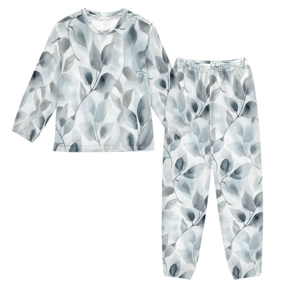 Fluffy Pajamas Set Fuzzy Winter Warm Pj Sets Pullover Tops and Long Pants Soft Gray Leaves Medium
