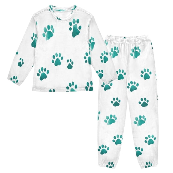 Fluffy Pajamas Set Fuzzy Winter Warm Pj Sets Pullover Tops and Long Pants Teal Dog Paw Prints Small