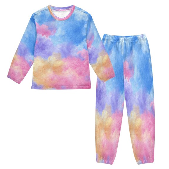 Fluffy Pajamas Set Fuzzy Winter Warm Pj Sets Pullover Tops and Long Pants Tie-dye Clouds Pattern X-Small